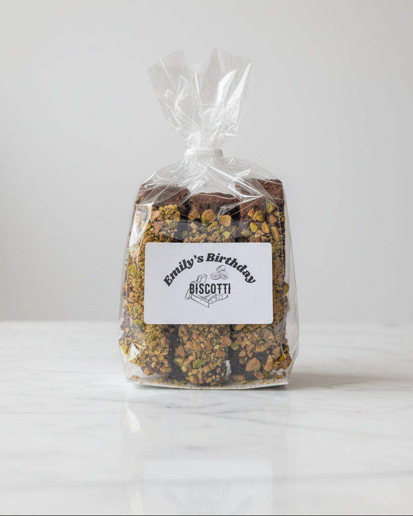 Emily's Birthday Biscotti: Pistachio Crusted Double Chocolate